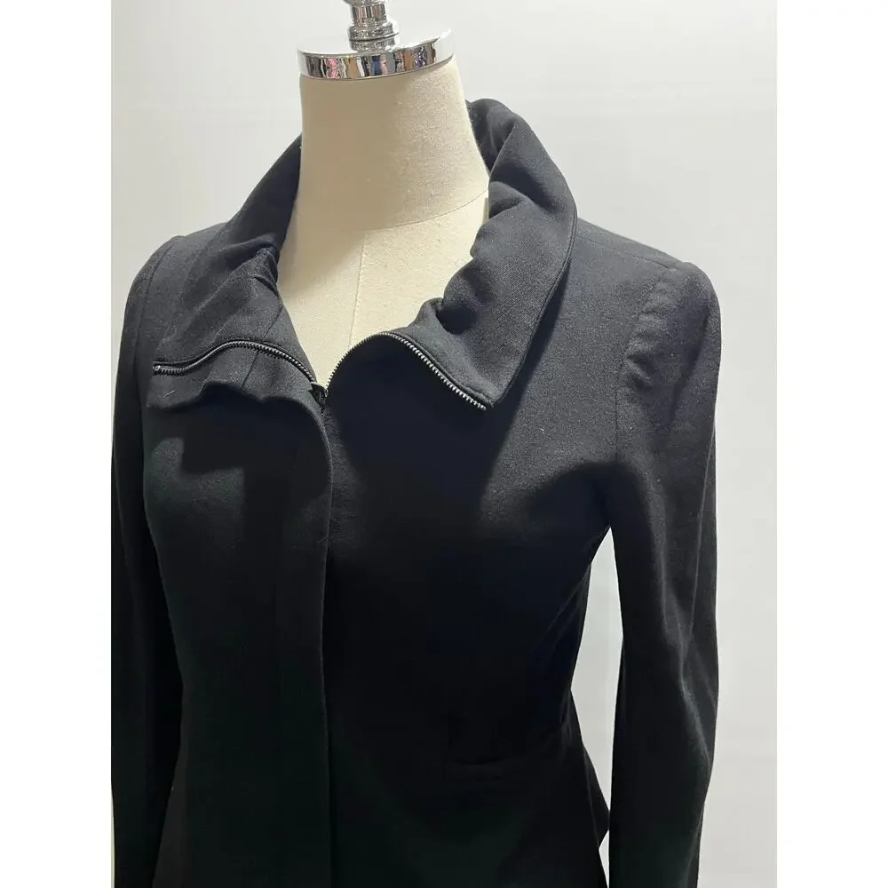 Theory Mariony‎ Black Ruffled Neck Zip Up Ponte Knit Zip Up Blazer Jacket Sz 4